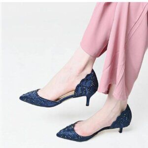 XYD Navy Pointed Toe D'Orsay Kitten Heel Rhinestone Studs Slip-On Satin Shoes